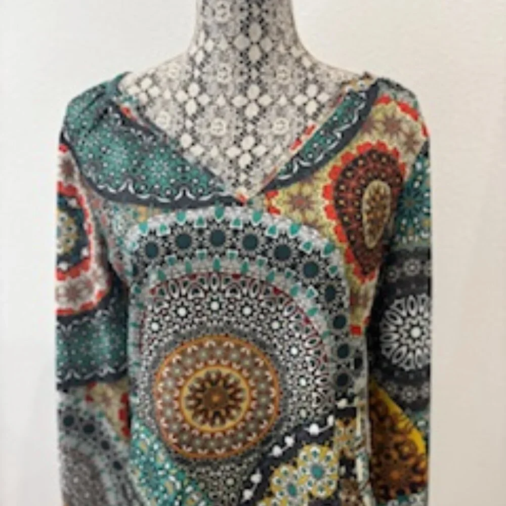 Multi-Colored Boho V-Neck Blouse, Size Small - Picture 1 of 8